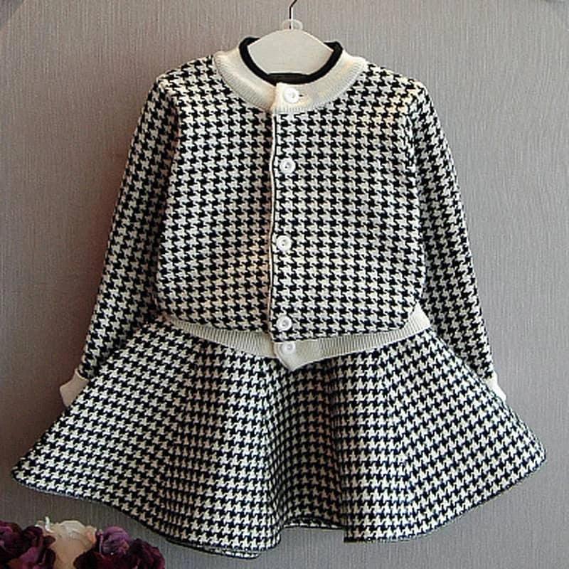 Sacha Marie Knitted Girls Houndstooth Skirt Set in black houndstooth, designed for comfort and style, ideal for little girls.