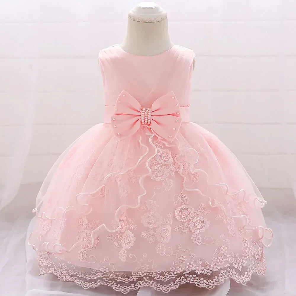 Elegant Pearl Bow Dress for Girls in Stylish Lace- 5 Chic Colors - The Palm Beach Baby