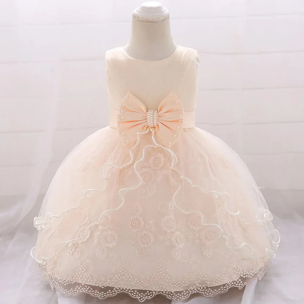 Elegant Pearl Bow Dress for Girls in Stylish Lace- 5 Chic Colors - The Palm Beach Baby