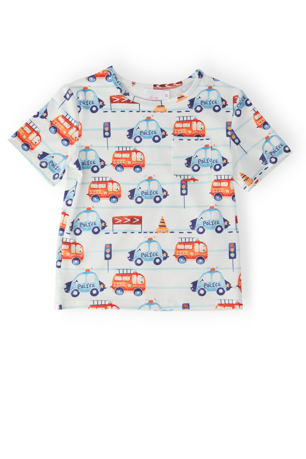 Boys Highway Hero Short Sleeve Pocket Tee with relaxed fit, front pocket, and blue-orange police-car highway print