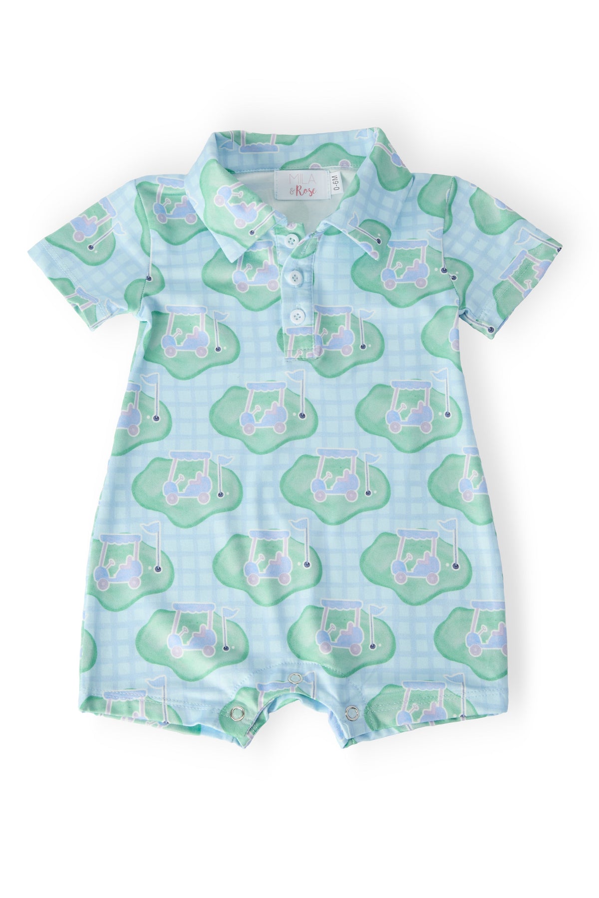 He's On The Green Polo Shorty One-Piece baby romper in light blue with green golf-cart print and snap closures