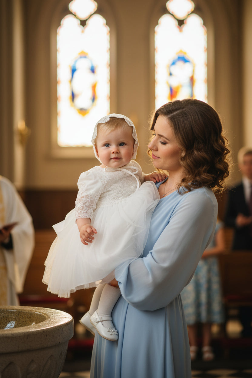 White lace baby dress with matching bonnet on a gray background