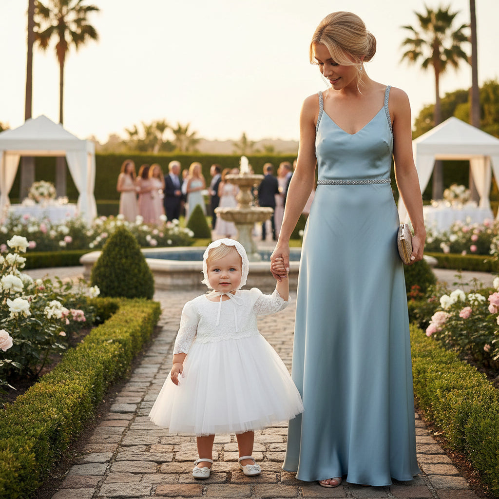 "Tina" White Lace Baptism Dress With Matching Bonnet 2 Piece Set - The Palm Beach Baby
