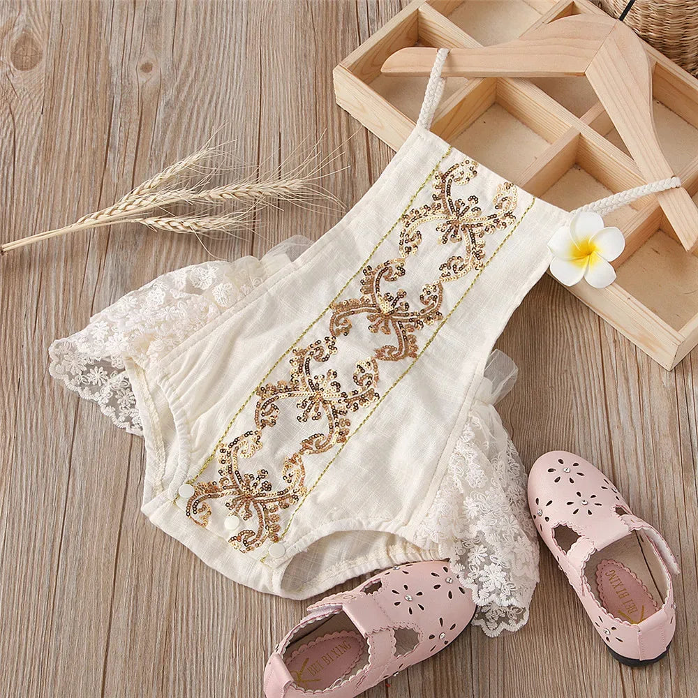 'Nina' Boho Lace Romper with Sequins and Ruffled Lace Back for Babies and Toddlers - The Palm Beach Baby