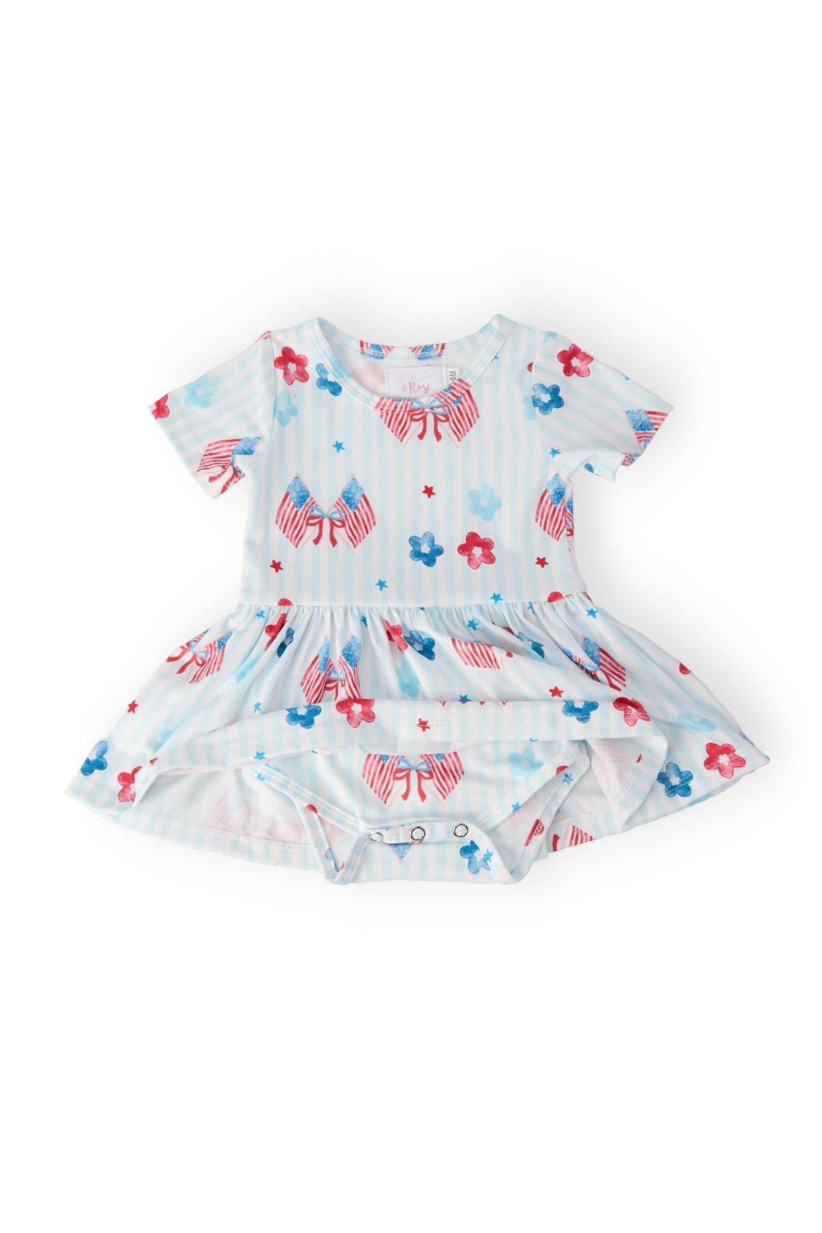 Home of the Brave short sleeve twirl bodysuit for babies with snap closure for diaper changes; patriotic bow pattern.
