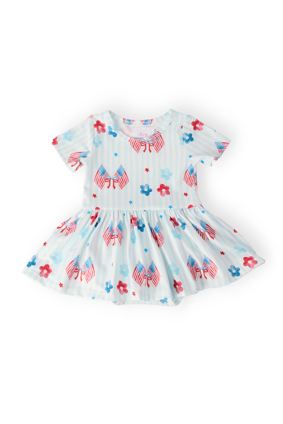 Baby twirl dress with light-blue stripes, red and blue bow motifs, and floral accents; short sleeves and full skirt.