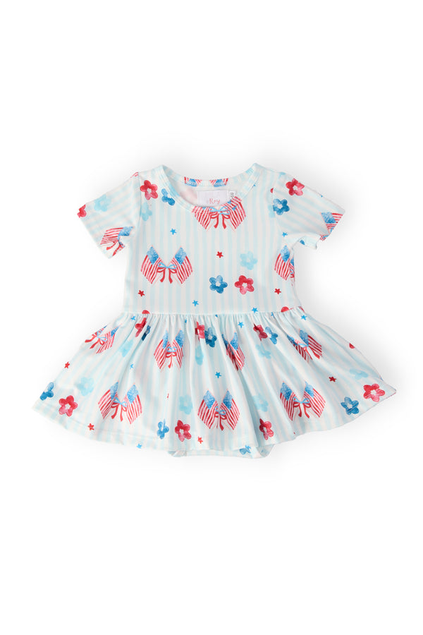 Baby twirl dress with light-blue stripes, red and blue bow motifs, and floral accents; short sleeves and full skirt.