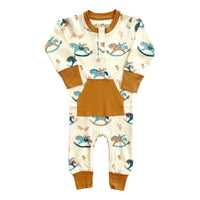 GOTS certified organic cotton playsuit featuring a rocking horse print, camel trim, and front pocket.