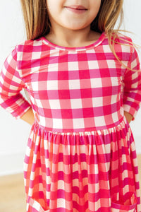 Charming Hot Pink Gingham 3/4 Sleeve Pocket Twirl Dress with Pockets for Girls, ideal for everyday adventures and special occasions, showcases a twirl dress with pockets.