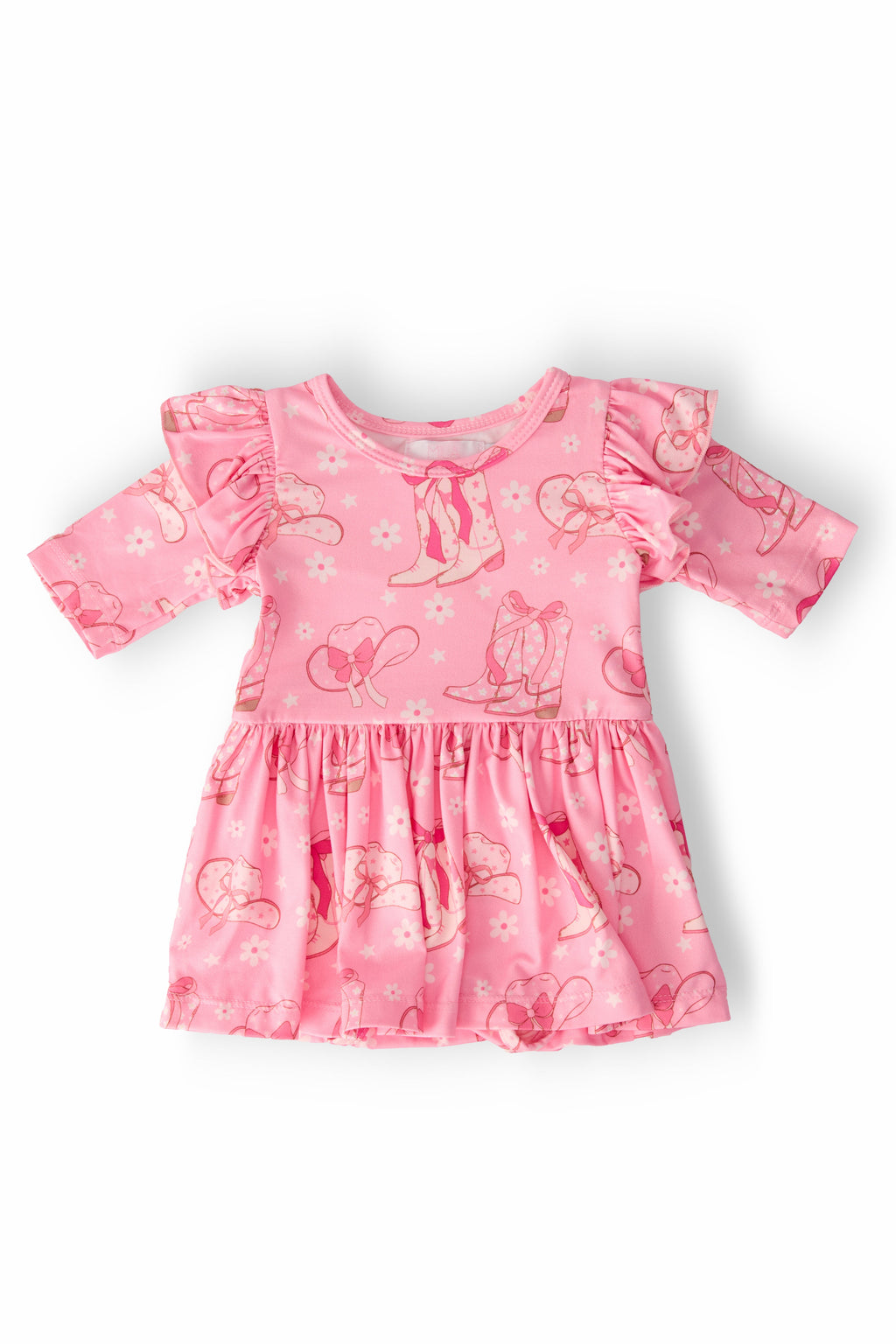 Howdy 3/4 Sleeve Flutter Twirl Bodysuit in pink featuring charming flutter sleeves and a playful twirl-worthy skirt, perfect for little ones to wear during playtime and special occasions.