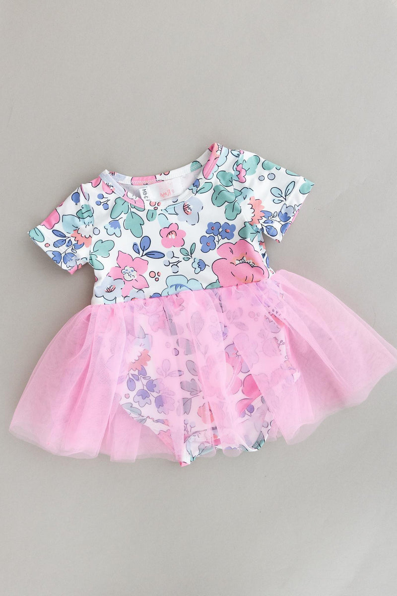 Hydrangea Tutu Bodysuit featuring a floral print top and a pink tulle skirt, perfect for playful baby outfits.
