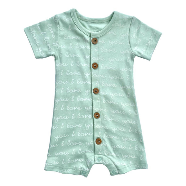 GOTS certified organic cotton short sleeve romper in desert green with "i love you" script print and wooden front buttons.