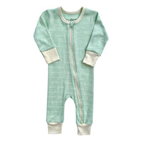 GOTS certified organic cotton zippy romper in desert green with "i love you" script print and cream cuffs.