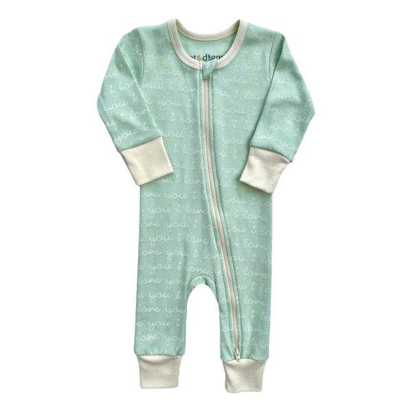 GOTS certified organic cotton zippy romper in desert green with "i love you" script print and cream cuffs.