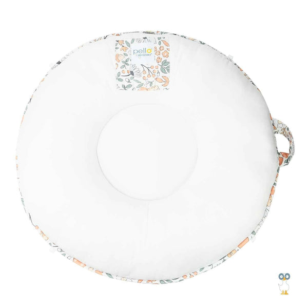 White and floral toddlers round floor cushion for children made of soft fabric with handle
