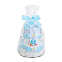 Stack of baby diapers in a clear bag with a blue ribbon on a white background