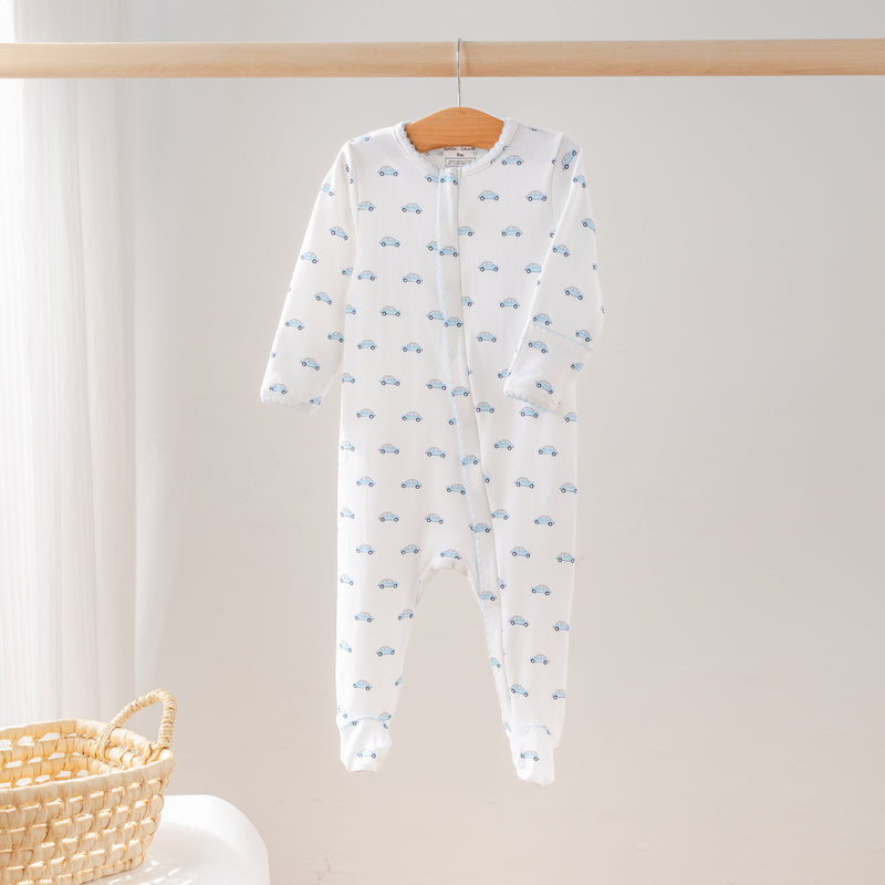 Little Blue Wheels organic cotton baby pajamas with an all-over blue car print