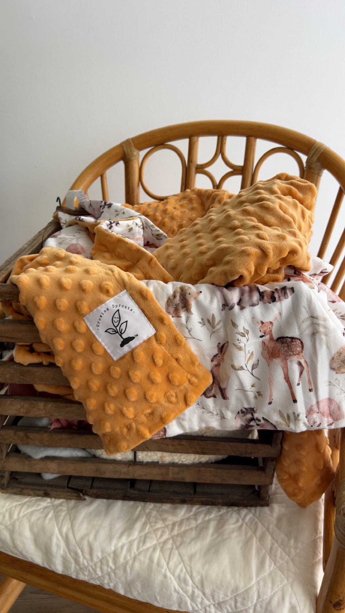 Forest Friends Minky Blanket, handmade hypoallergenic 100% polyester, soft orange dot texture with deer print.