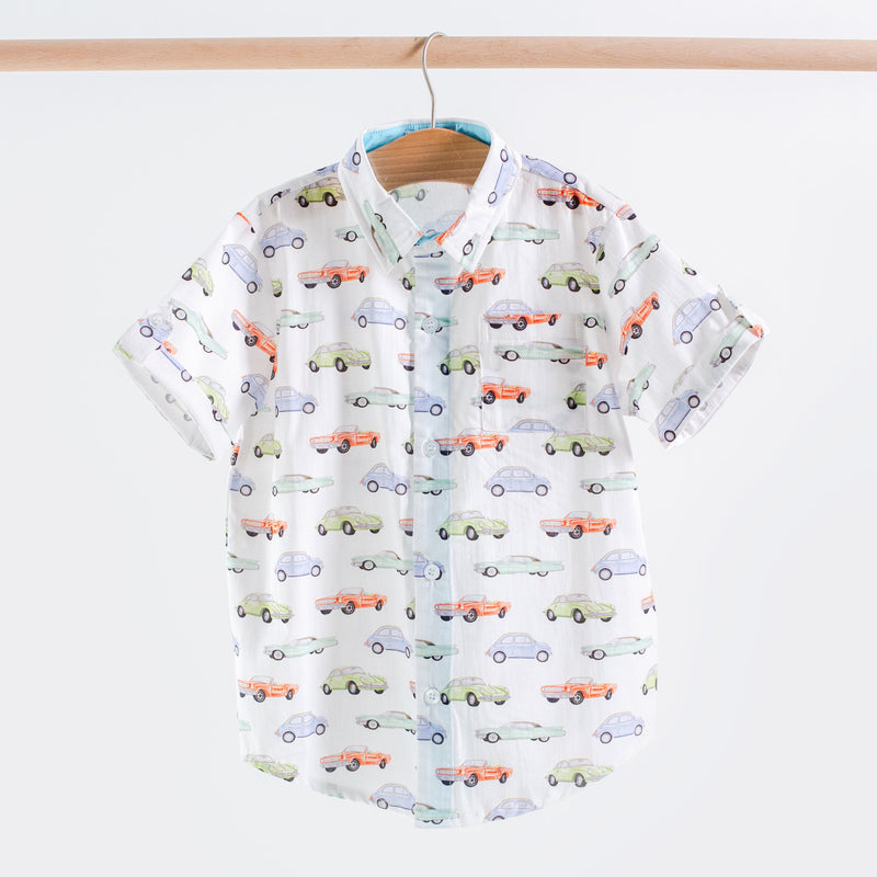 Vintage Road Trip Short Sleeve Collared Shirt with colorful car print on GOTS-certified 100% organic cotton