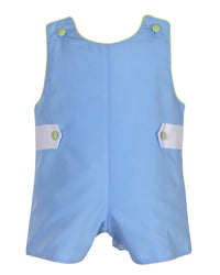 Light blue cotton boys Jon Jon with green piping, matching buttons, and white pocket accents for special occasions.