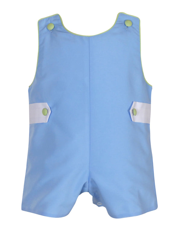 Light blue cotton boys Jon Jon with green piping, matching buttons, and white pocket accents for special occasions.