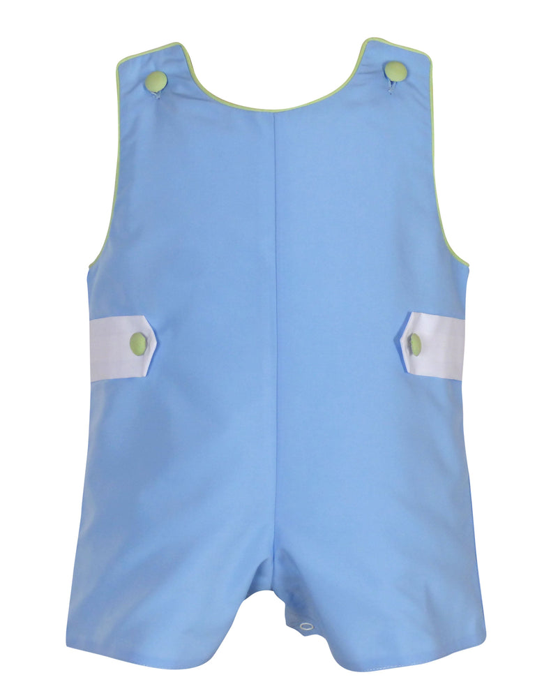 Light blue cotton boys Jon Jon with green piping, matching buttons, and white pocket accents for special occasions.