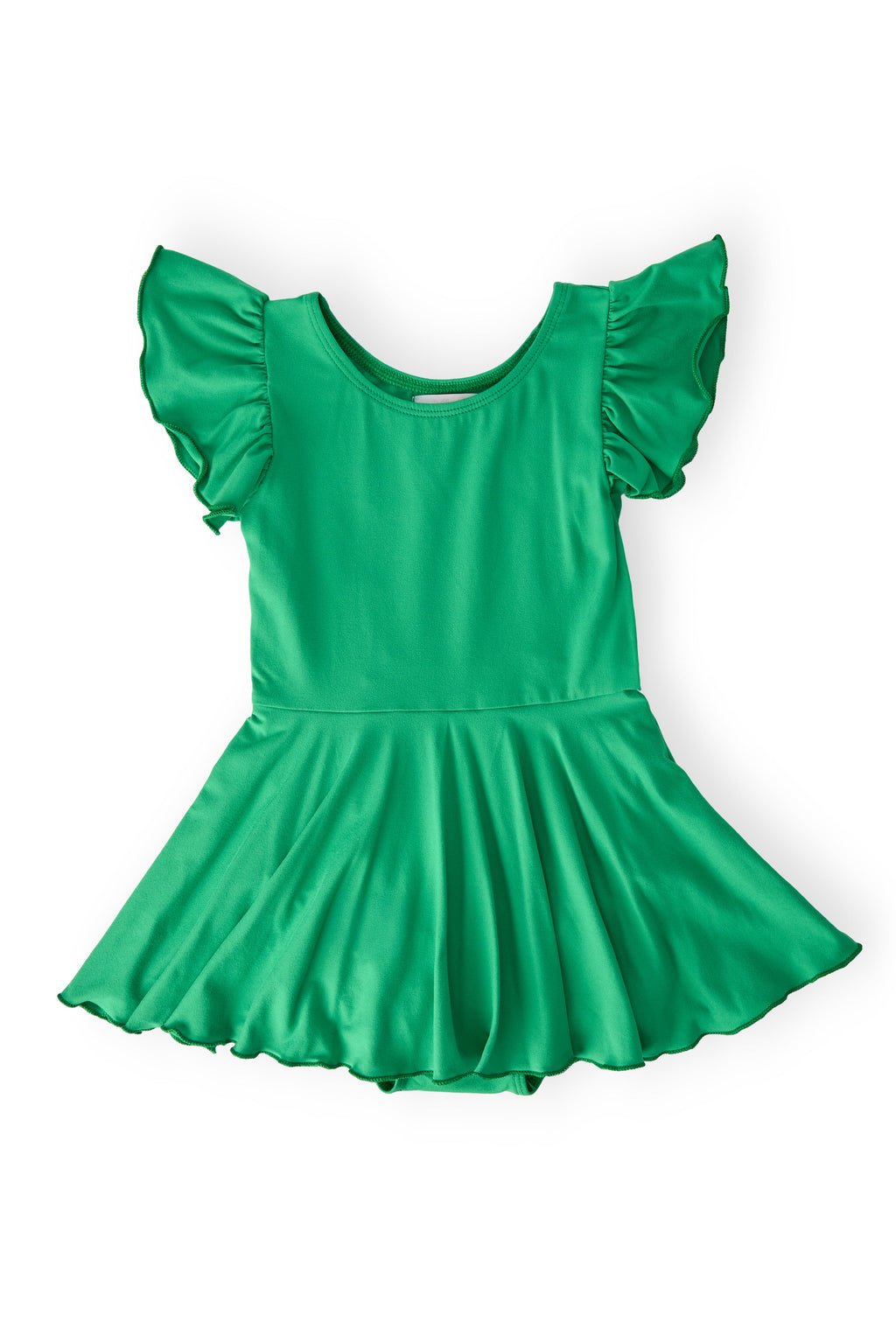 Kelly Green Short Sleeve Twirl Leotard displayed flat, showcasing its flutter sleeves and playful skirt design.