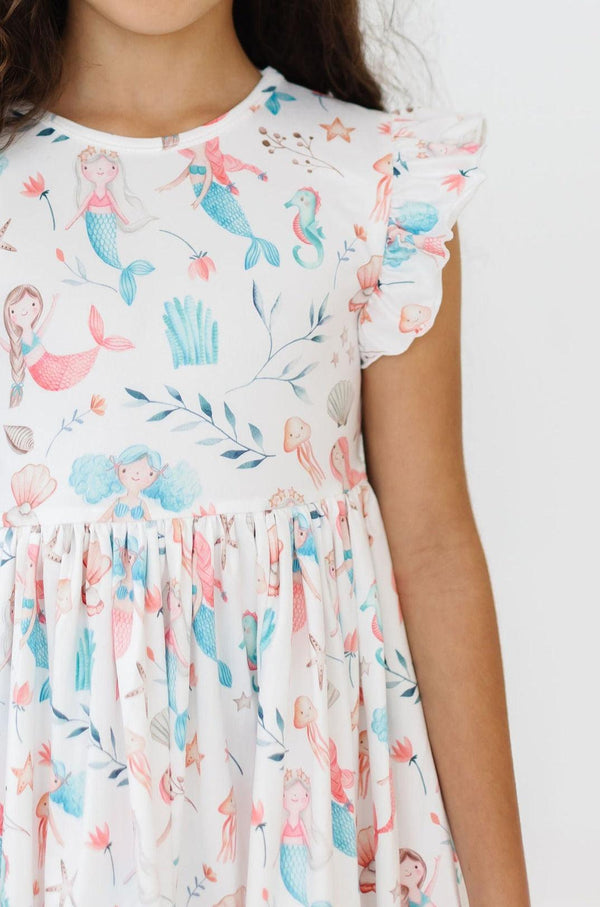Mermaid Friends Flutter Sleeve Twirl Dress: white mermaid print, flutter sleeves, twirl skirt, comfy and easy-care.