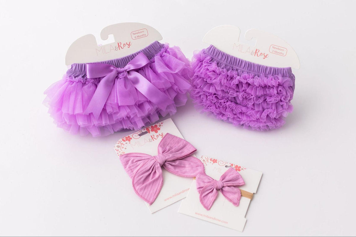 Lavender Ruffle Tutu Bloomer by Mila & Rose, featuring fluffy ruffles and matching accessories, perfect for baby photoshoots and playful occasions.