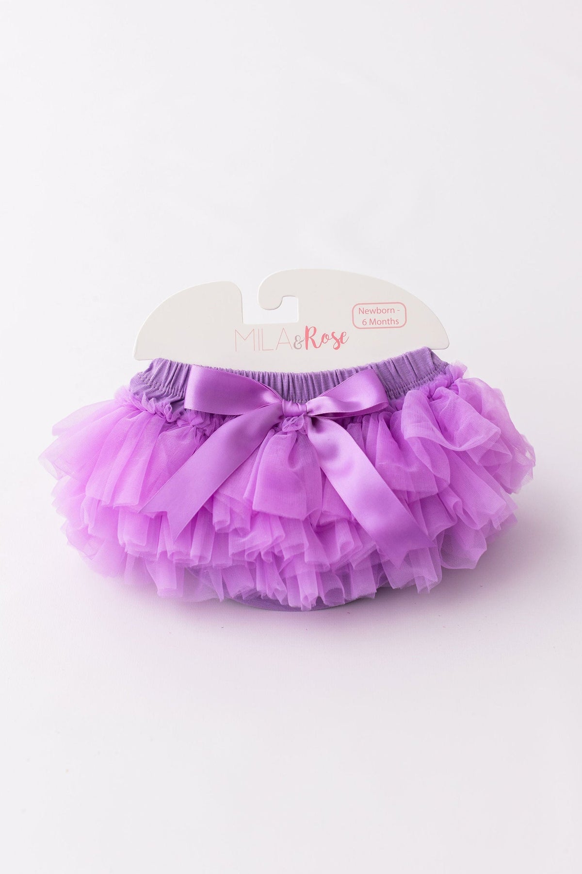 Lavender Ruffle Tutu Bloomer by Mila & Rose®, showcasing a fluffy lavender design with ruffles and a satin bow, perfect for baby photoshoots.