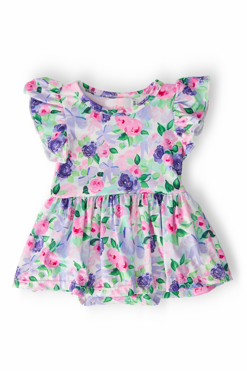 Lavender Love S/S Flutter Twirl Bodysuit with colorful floral design, featuring flutter sleeves, perfect for little girls to twirl in style!