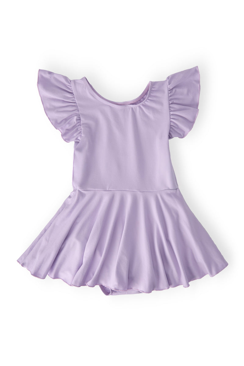 Lavender S/S Twirl Leotard by Mila & Rose, featuring a playful design with flutter sleeves, perfect for little dancers ready to twirl.