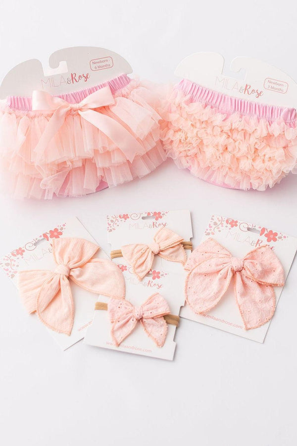 Light Pink Ruffle Tutu Bloomer by Mila & Rose, accompanied by matching pastel headbands, ideal for coordinating outfits for special occasions.