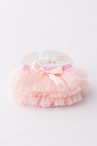 Light Pink Ruffle Tutu Bloomer by Mila & Rose, featuring soft ruffles and a satin bow, perfect for newborn photos and beach outings.