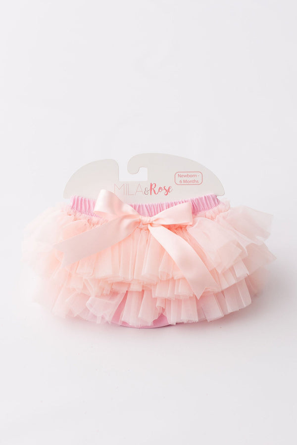 Light Pink Ruffle Tutu Bloomer by Mila & Rose, featuring soft ruffles and a satin bow, perfect for newborn photos and beach outings.