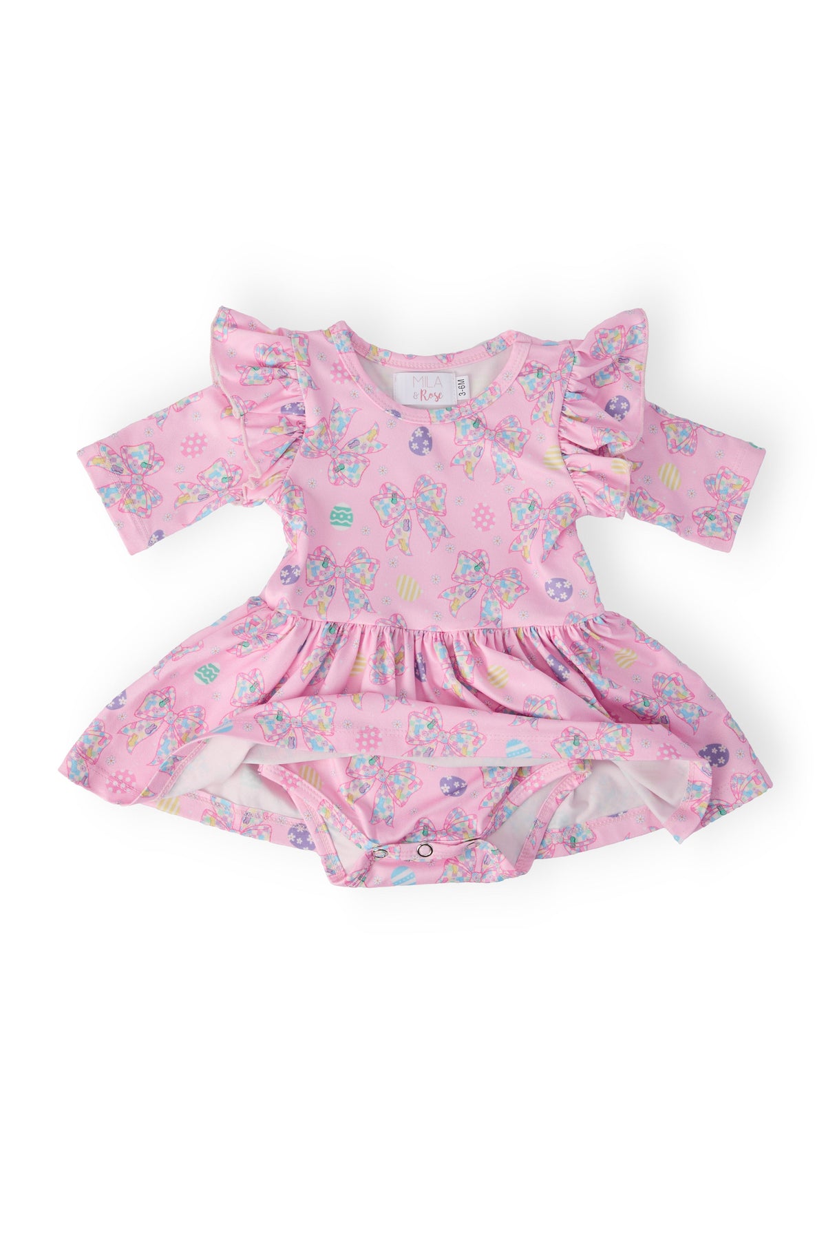 Little Bow Peeps pink twirl flutter bodysuit with 3/4 sleeves, bow print, snap closures.