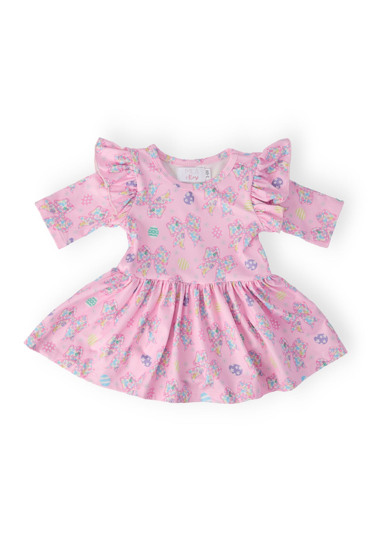 Little Bow Peeps pink twirl dress with 3/4 flutter sleeves, bow print, and ruffled hem.