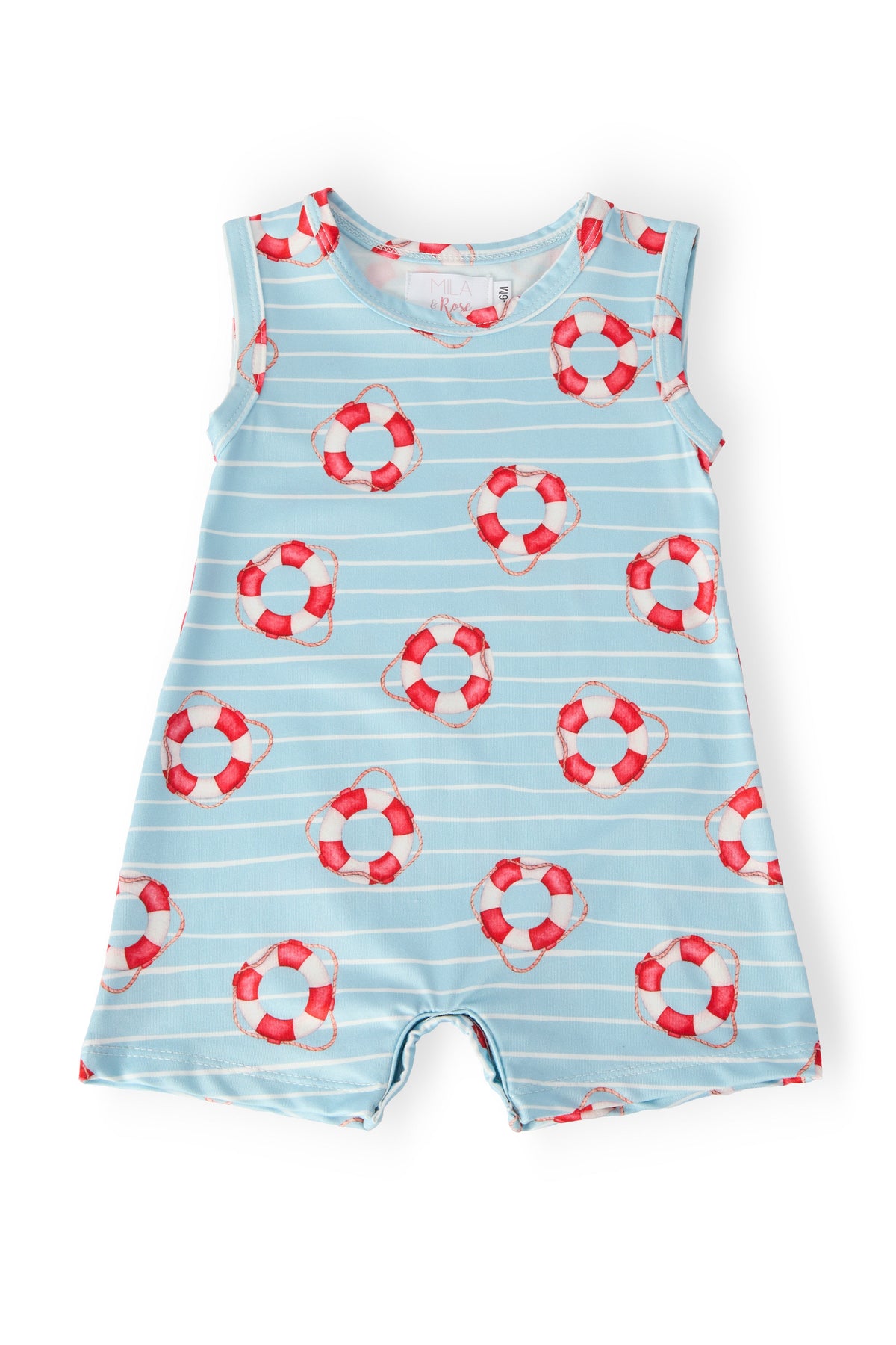 Children's sleeveless romper with life buoy pattern on a light blue background