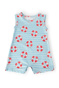 Children's sleeveless romper with life buoy pattern on a light blue background