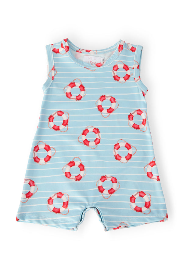 Children's sleeveless romper with life buoy pattern on a light blue background