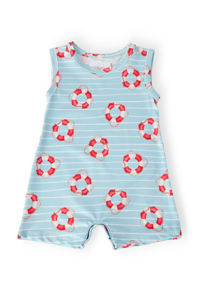 Children's sleeveless romper with life buoy pattern on a light blue background