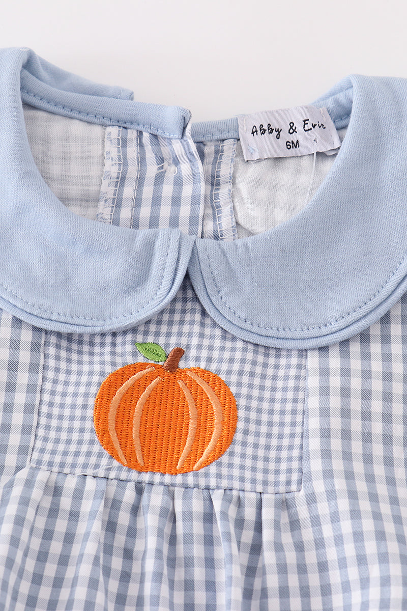 Blue woven check boy bubble romper featuring a Peter Pan collar and festive orange pumpkin embroidery on the chest.