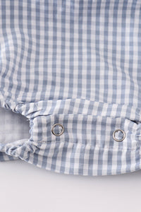 Blue woven check bubble romper leg with metal grommets. Perfect fall boy outfit detail.