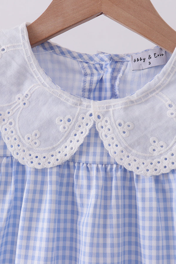 Blue Gingham Lace Ruffle Dress For Girls