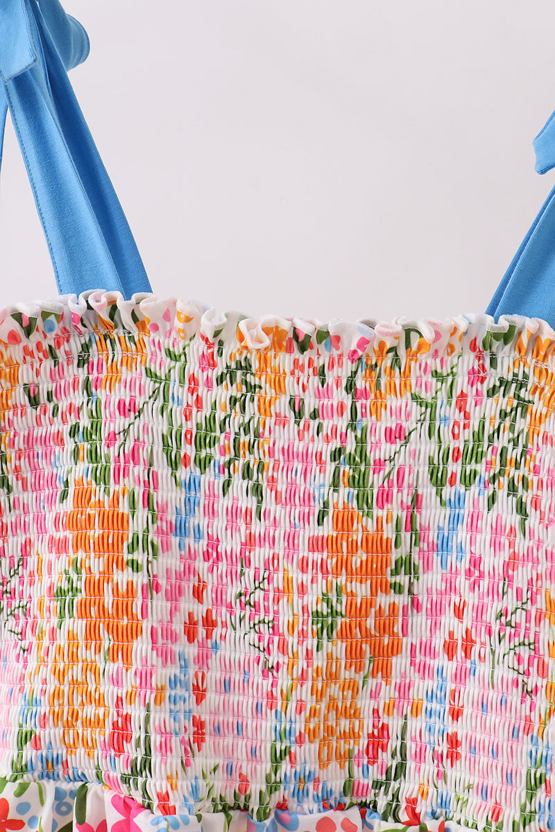 Floral fabric with blue handles on a white background
