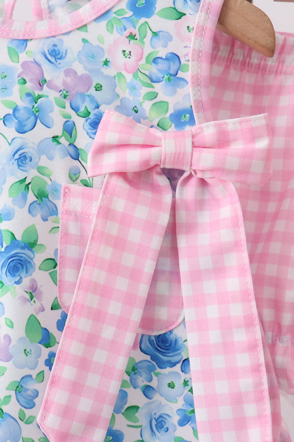 Blue floral baby bloomer set with pink gingham bow and matching gingham waistband for comfortable, playful everyday wear.