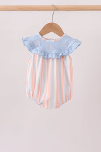 Pink and blue stripe baby bubble romper with ruffled collar and embroidered seashells hanging on wooden hanger