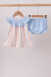 Baby seashell stripe embroidered bloomer set with ruffled blue collar and matching shorts. Soft, breathable fabric for comfort.