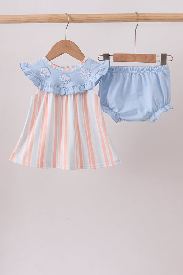 Baby seashell stripe embroidered bloomer set with ruffled blue collar and matching shorts. Soft, breathable fabric for comfort.
