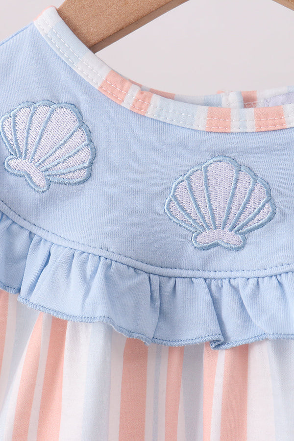Light blue bloomer set with embroidered seashells, pink stripe trim, and delicate ruffle detailing for comfortable baby wear.